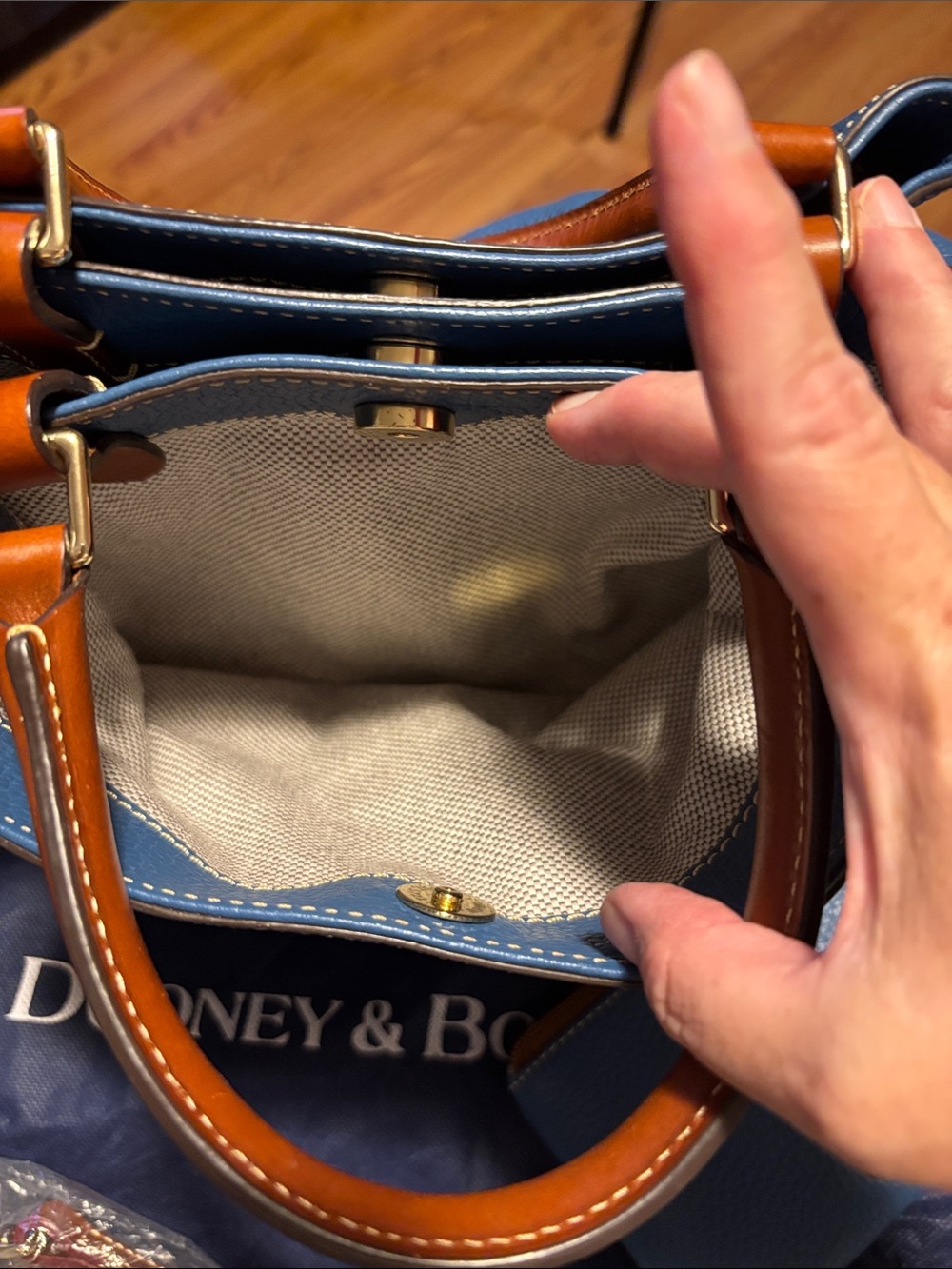 Dooney & Bourke Blue Pebbled Leather Satchel with Brown Trim and Wristlet - Picture 12 of 16